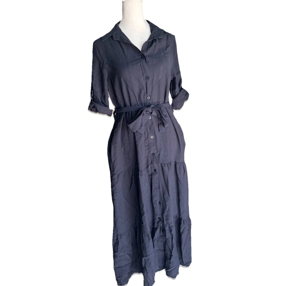 Women's Tiered Navy Dress Maxi Button Front Belt Cottagecore Coastal Grandma M
